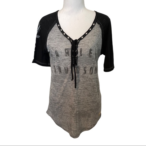 Harley Davidson Authentic Laced Front Gray Black Raglan Eagle Logo Graphic Tee - Picture 3 of 10